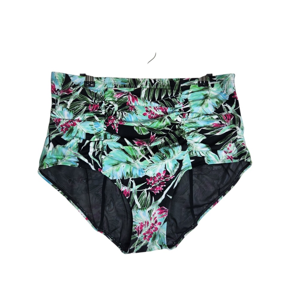 Torrid Womens Tropical Floral Ruched High Waist Bikini Bottoms Black Green Sz 1